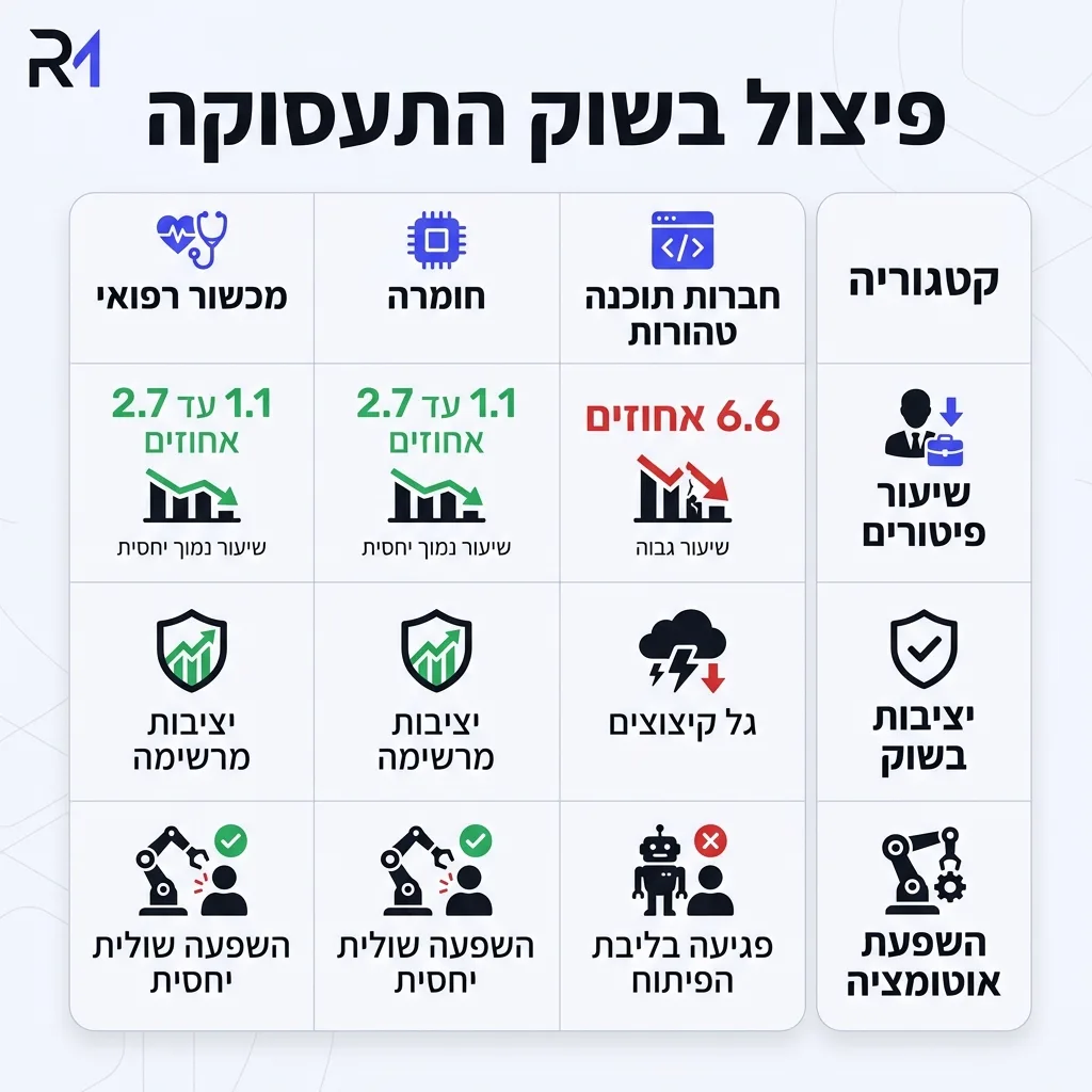 אינפוגרפיקה — פיצול בשוק התעסוקה: השוואה בין חברות תוכנה טהורות, חומרה ומכשור רפואי