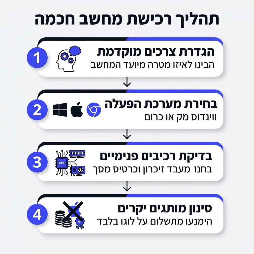 אינפוגרפיקה — תהליך רכישת מחשב חכמה: הגדרת צרכים מוקדמת, בחירת מערכת הפעלה, בדיקת רכיבים פנימיים, סינון מותגים יקרים