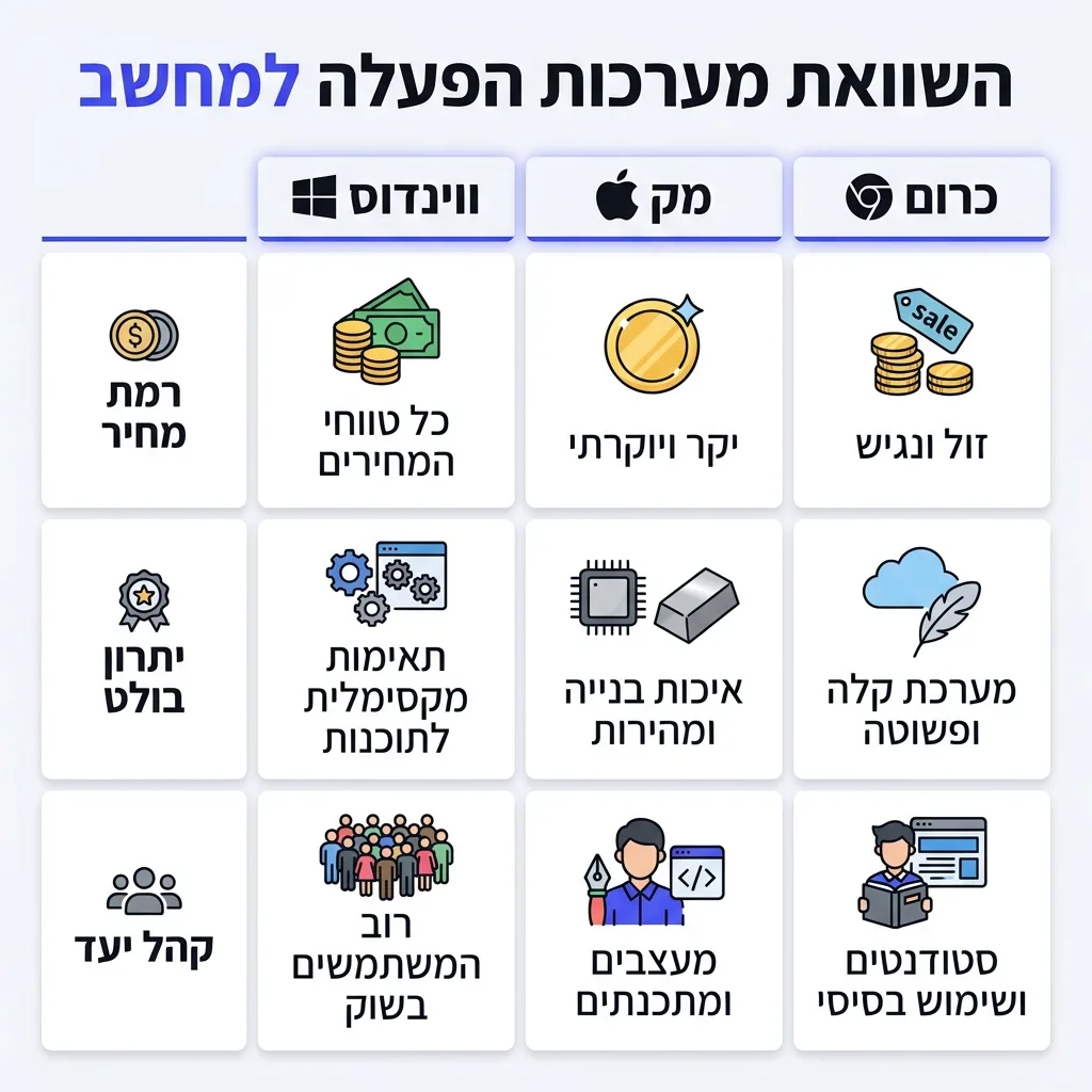אינפוגרפיקה — השוואת מערכות הפעלה למחשב: השוואה בין ווינדוס, מק, כרום