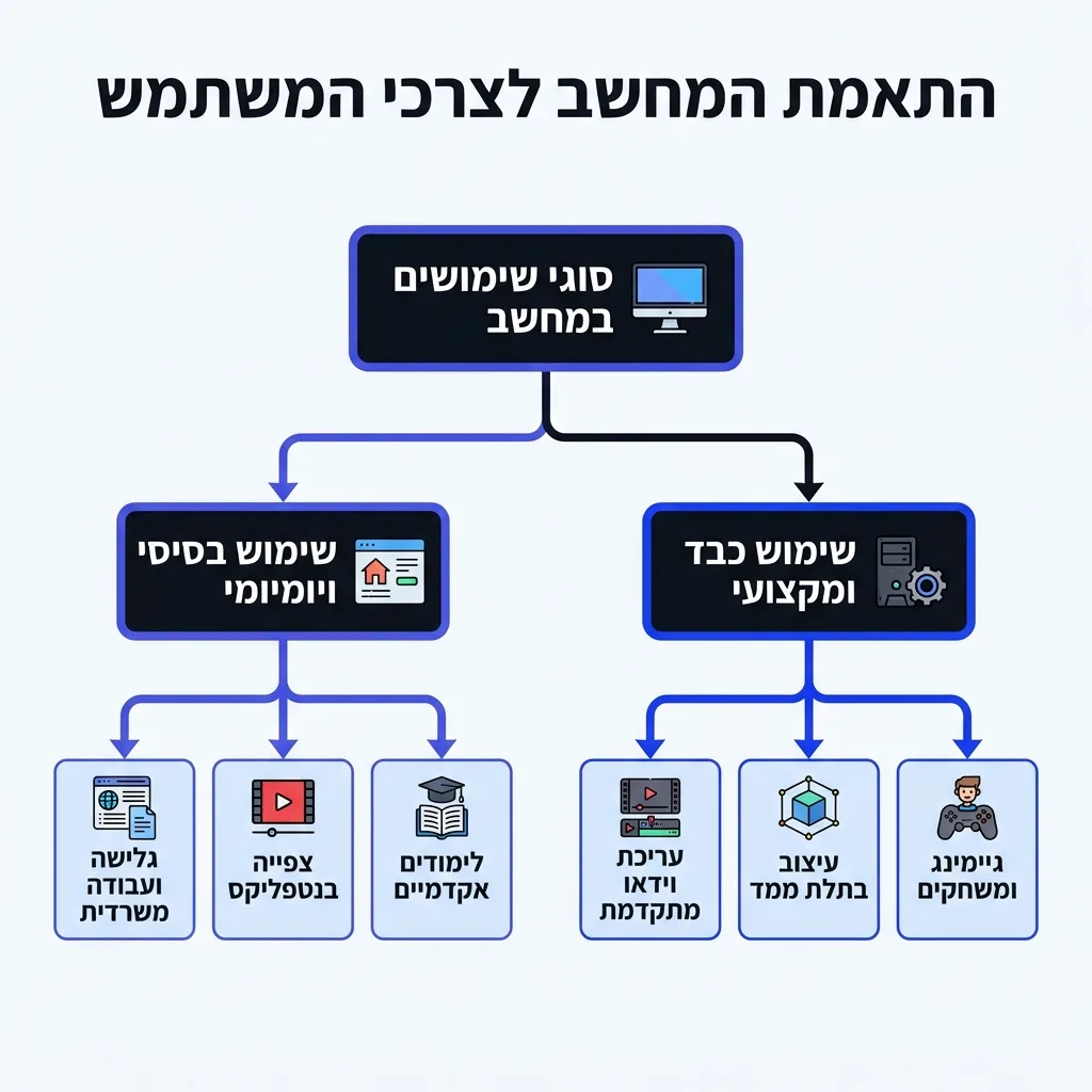 אינפוגרפיקה — התאמת המחשב לצרכי המשתמש: סוגי שימושים במחשב