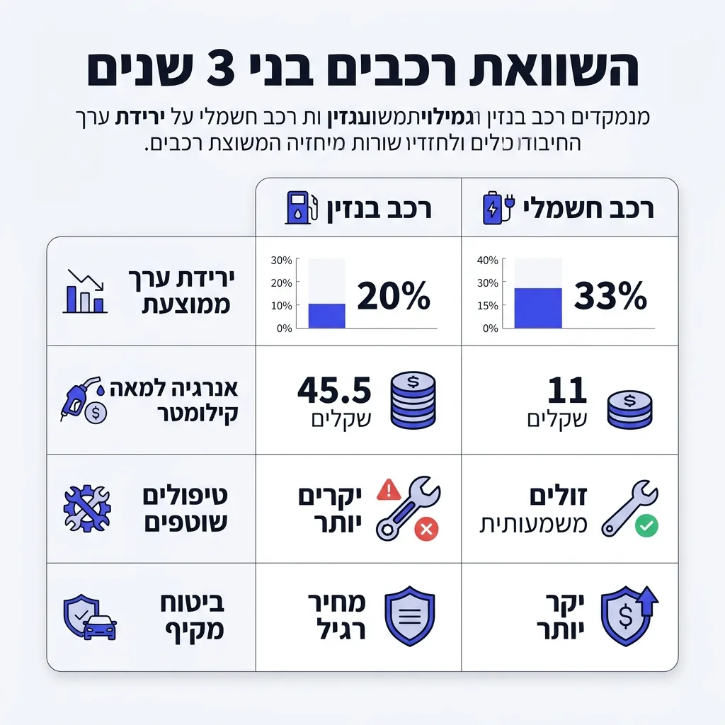 אינפוגרפיקה — השוואת רכבים בני 3 שנים: השוואה בין רכב בנזין, רכב חשמלי