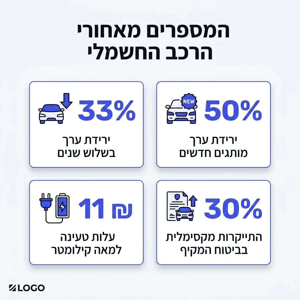 אינפוגרפיקה — המספרים מאחורי הרכב החשמלי: ירידת ערך בשלוש שנים, ירידת ערך מותגים חדשים, עלות טעינה למאה קילומטר, התייקרות מקס