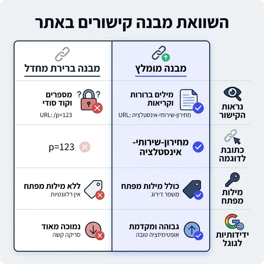 אינפוגרפיקה — השוואת מבנה קישורים באתר: השוואה בין מבנה ברירת מחדל, מבנה מומלץ