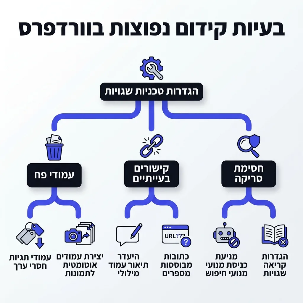 אינפוגרפיקה — בעיות קידום נפוצות בוורדפרס: הגדרות טכניות שגויות