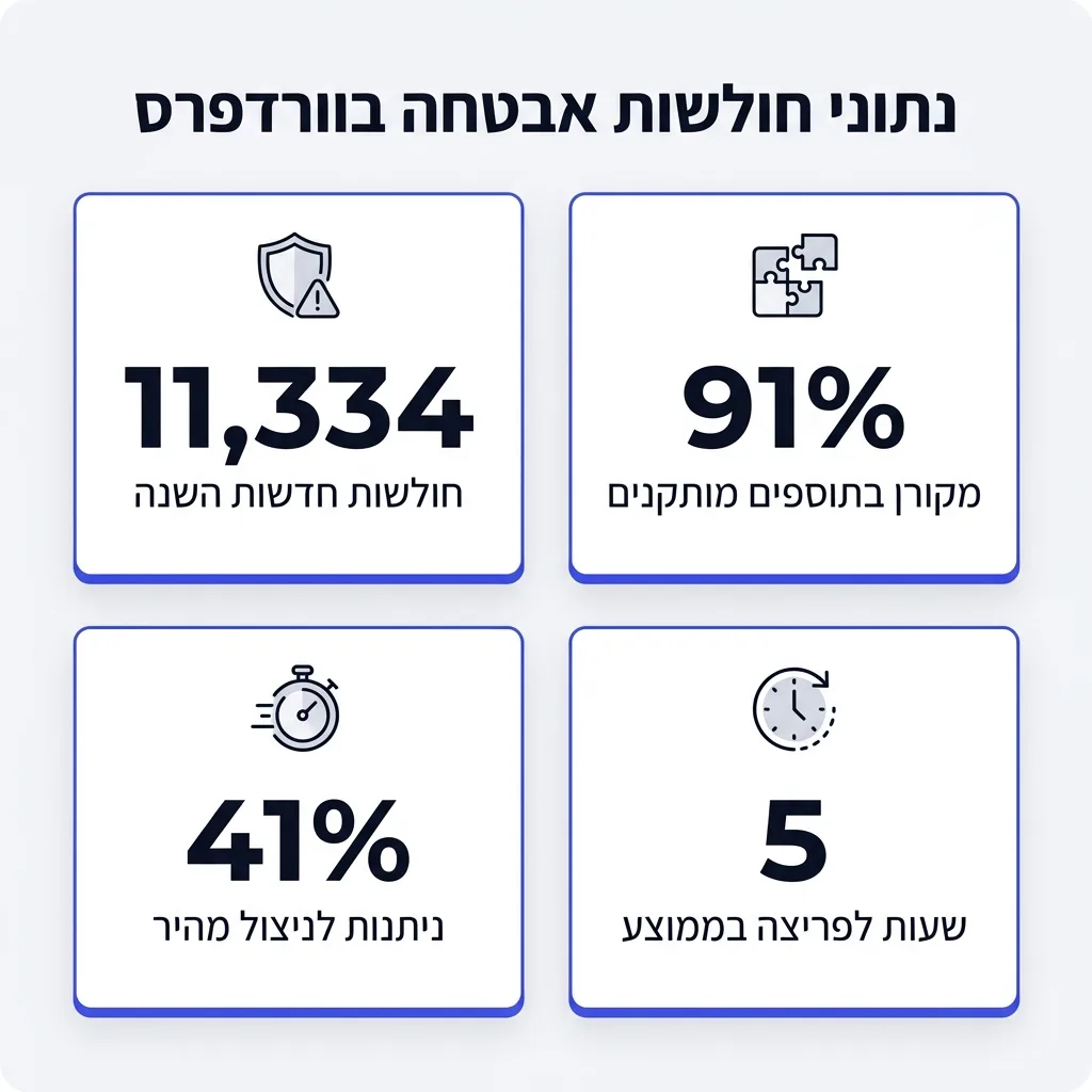 אינפוגרפיקה — נתוני חולשות אבטחה בוורדפרס: חולשות חדשות השנה, מקורן בתוספים מותקנים, ניתנות לניצול מהיר, שעות לפריצה בממוצע