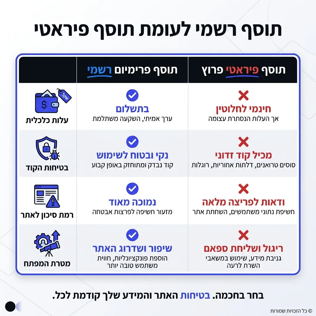 אינפוגרפיקה — תוסף רשמי לעומת תוסף פיראטי: השוואה בין תוסף פרימיום רשמי, תוסף פיראטי פרוץ