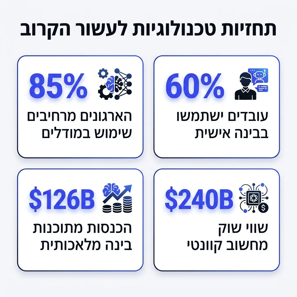 אינפוגרפיקה — תחזיות טכנולוגיות לעשור הקרוב: הארגונים מרחיבים שימוש במודלים, עובדים ישתמשו בבינה אישית, הכנסות מתוכנות בינה מ