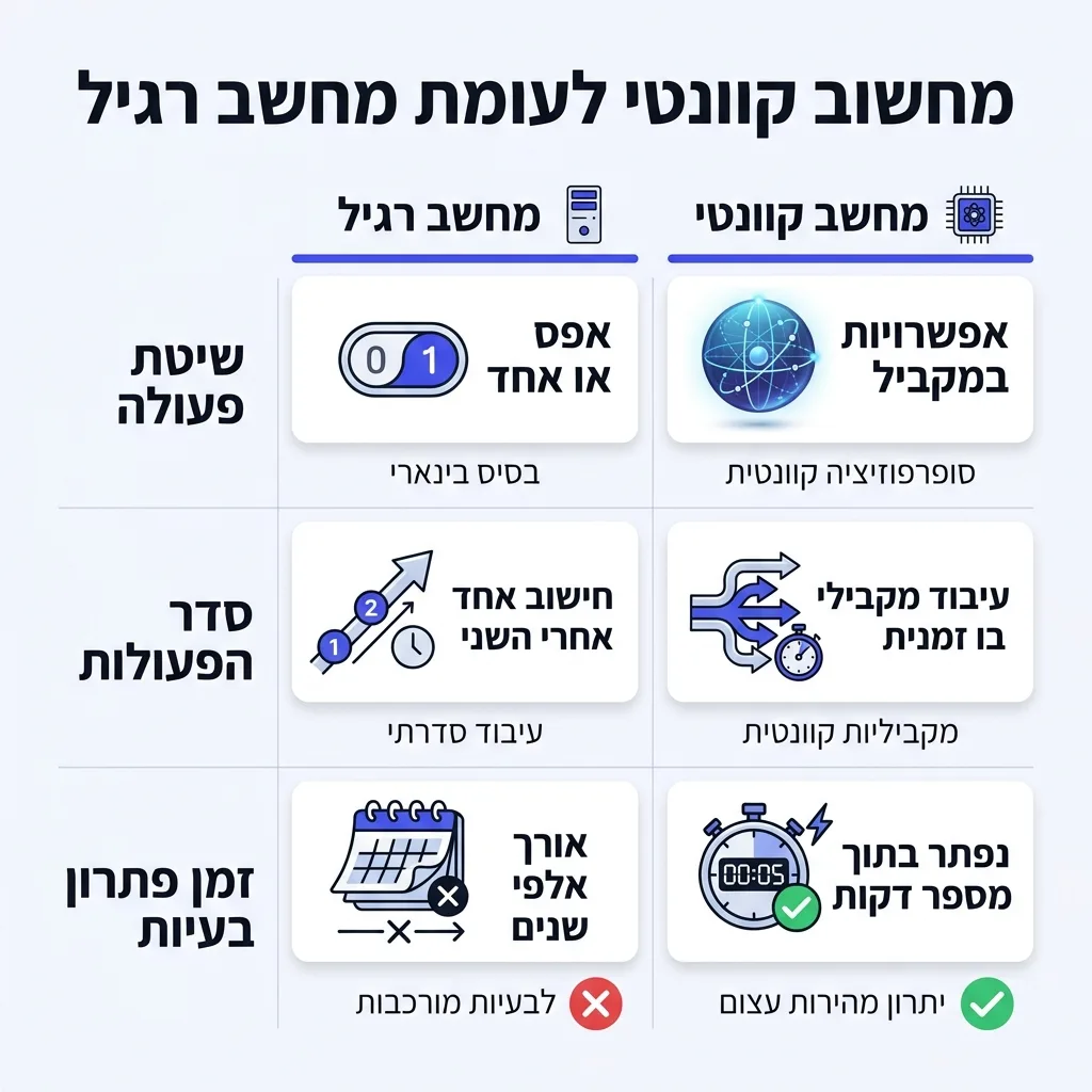 אינפוגרפיקה — מחשוב קוונטי לעומת מחשב רגיל: השוואה בין מחשב רגיל, מחשב קוונטי