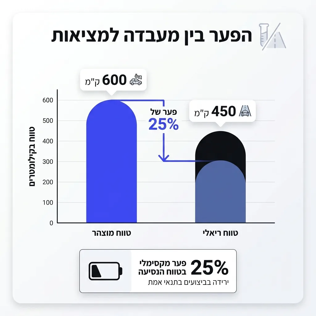 אינפוגרפיקה — הפער בין מעבדה למציאות: פער מקסימלי בטווח הנסיעה, קילומטרים של טווח מוצהר, קילומטרים של טווח ריאלי