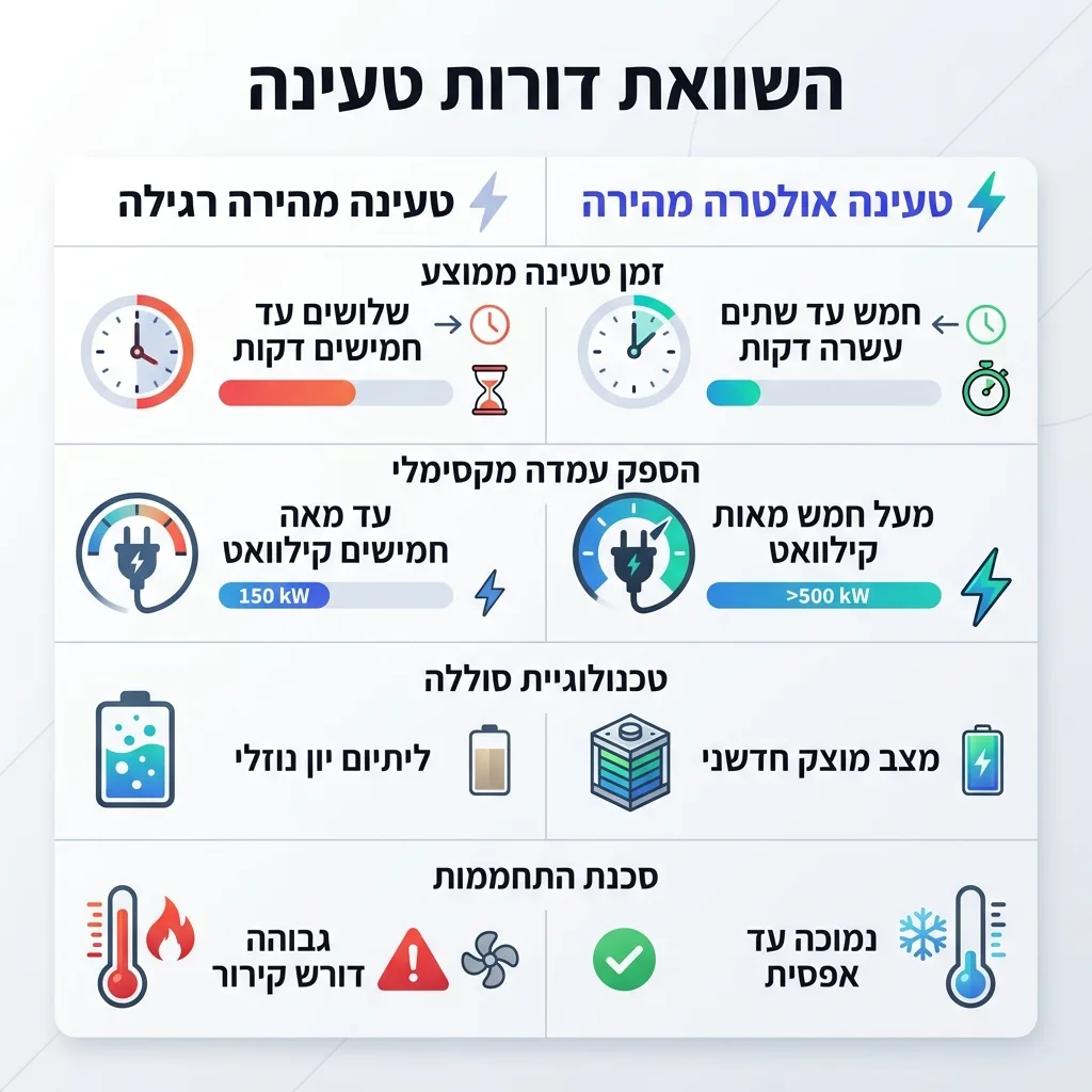 אינפוגרפיקה — השוואת דורות טעינה: השוואה בין טעינה מהירה רגילה, טעינה אולטרה מהירה
