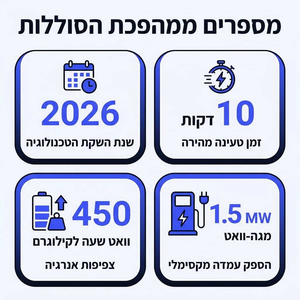 אינפוגרפיקה — מספרים ממהפכת הסוללות: שנת השקת הטכנולוגיה, זמן טעינה מהירה, וואט שעה לקילוגרם, הספק עמדה מקסימלי