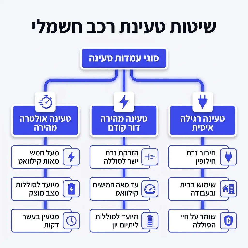 אינפוגרפיקה — שיטות טעינת רכב חשמלי: סוגי עמדות טעינה