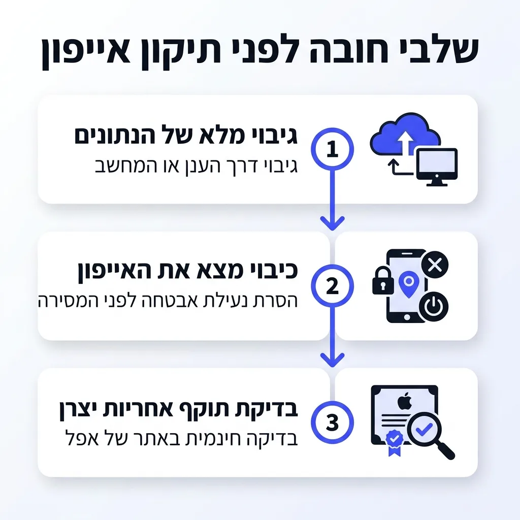 אינפוגרפיקה — שלבי חובה לפני תיקון אייפון: גיבוי מלא של הנתונים, כיבוי מצא את האייפון, בדיקת תוקף אחריות יצרן