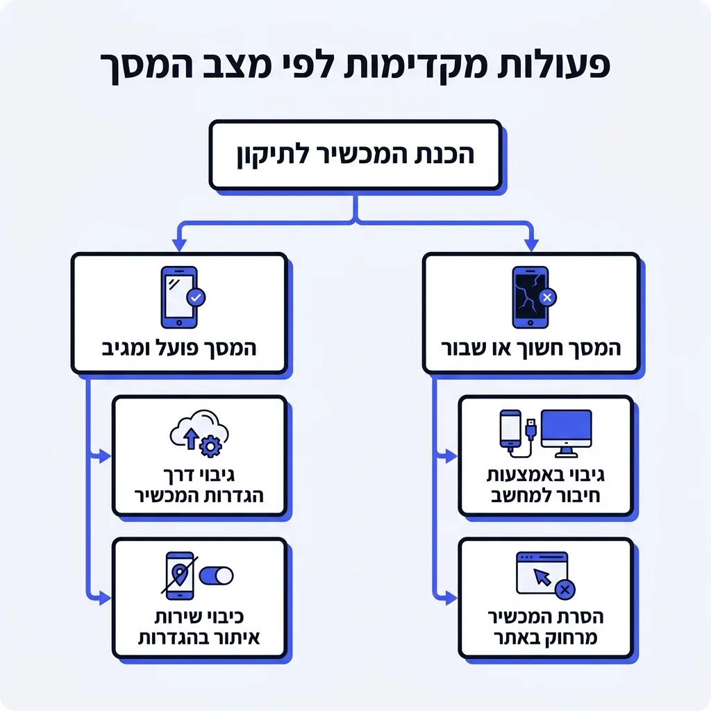 אינפוגרפיקה — פעולות מקדימות לפי מצב המסך: הכנת המכשיר לתיקון