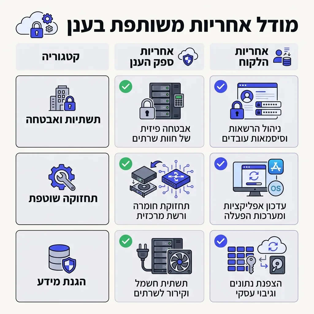 אינפוגרפיקה — מודל אחריות משותפת בענן: השוואה בין אחריות ספק הענן, אחריות הלקוח