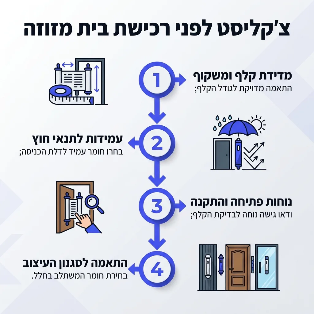 אינפוגרפיקה — צ'קליסט לפני רכישת בית מזוזה: מדידת קלף ומשקוף, עמידות לתנאי חוץ, נוחות פתיחה והתקנה, התאמה לסגנון העיצוב