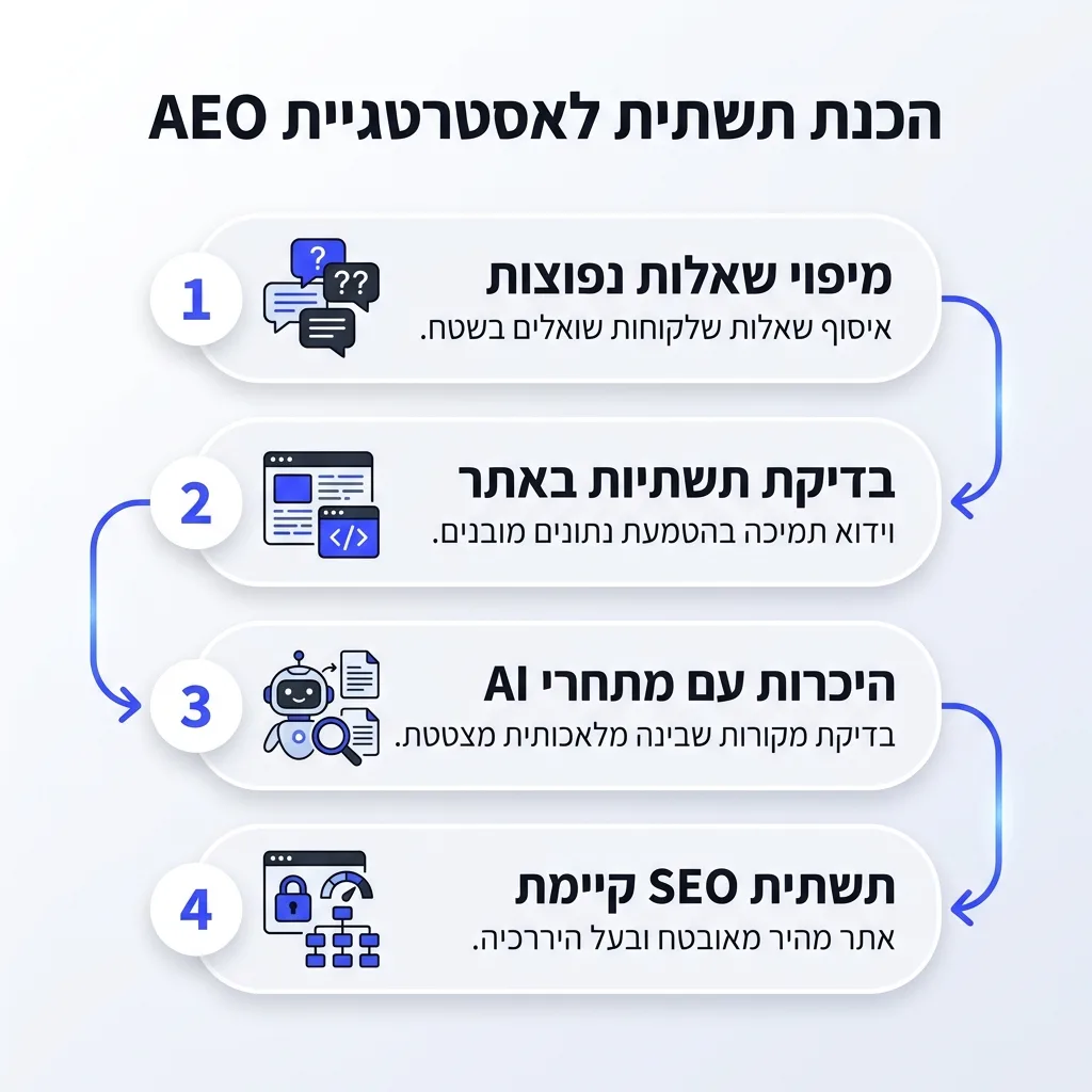 אינפוגרפיקה — הכנת תשתית לאסטרטגיית AEO: מיפוי שאלות נפוצות, בדיקת תשתיות באתר, היכרות עם מתחרי AI, תשתית SEO קיימת