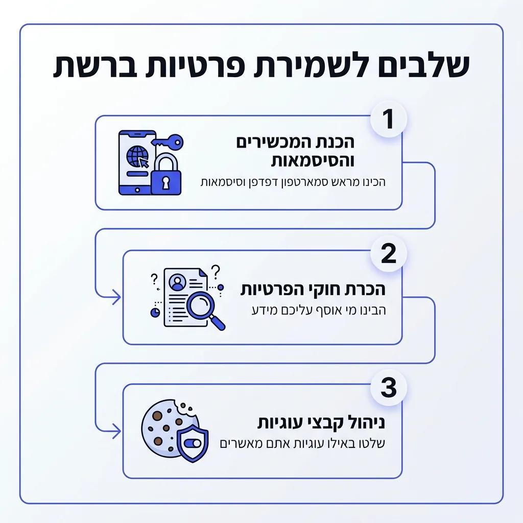 אינפוגרפיקה — שלבים לשמירת פרטיות ברשת: הכנת המכשירים והסיסמאות, הכרת חוקי הפרטיות, ניהול קבצי עוגיות