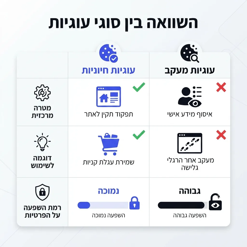 אינפוגרפיקה — השוואה בין סוגי עוגיות: השוואה בין עוגיות חיוניות, עוגיות מעקב