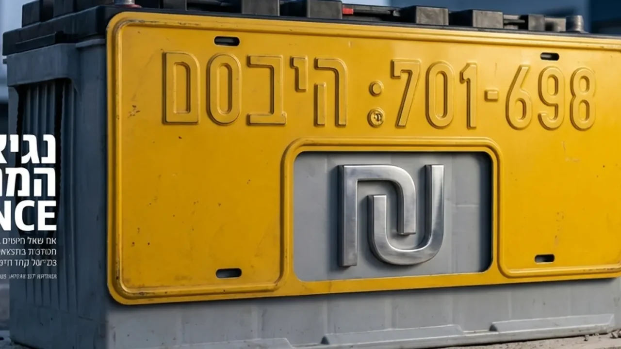 לוחית רישוי צהובה של רכב בישראל המוטבעת על סוללה ענקית עם סמל של מטבע השקל (₪)