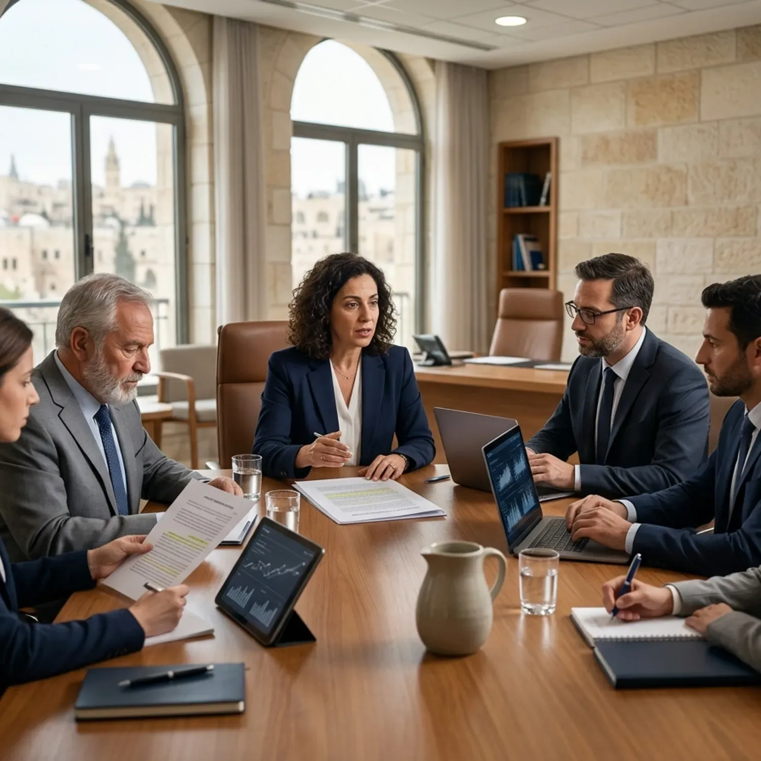 צילום מקצועי של חדר ישיבות במשרד ממשלתי בירושלים, צוות של מומחי טכנולוגיה ומשפטנים יושבים סביב שולחן ודנים במסמך רגולציה לבינה מלאכותית, מבט ריאליסטי ומואר.