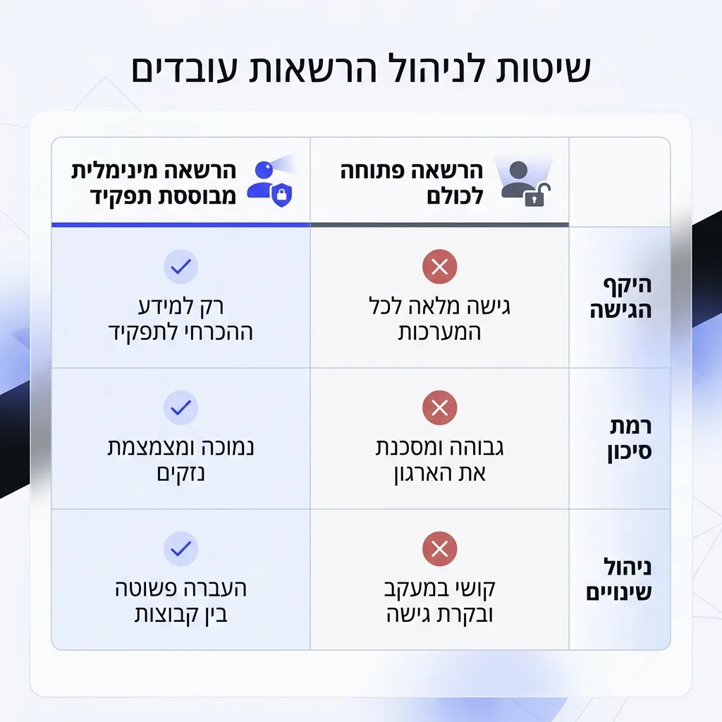 אינפוגרפיקה — שיטות לניהול הרשאות עובדים: השוואה בין הרשאה מינימלית מבוססת תפקיד, הרשאה פתוחה לכולם