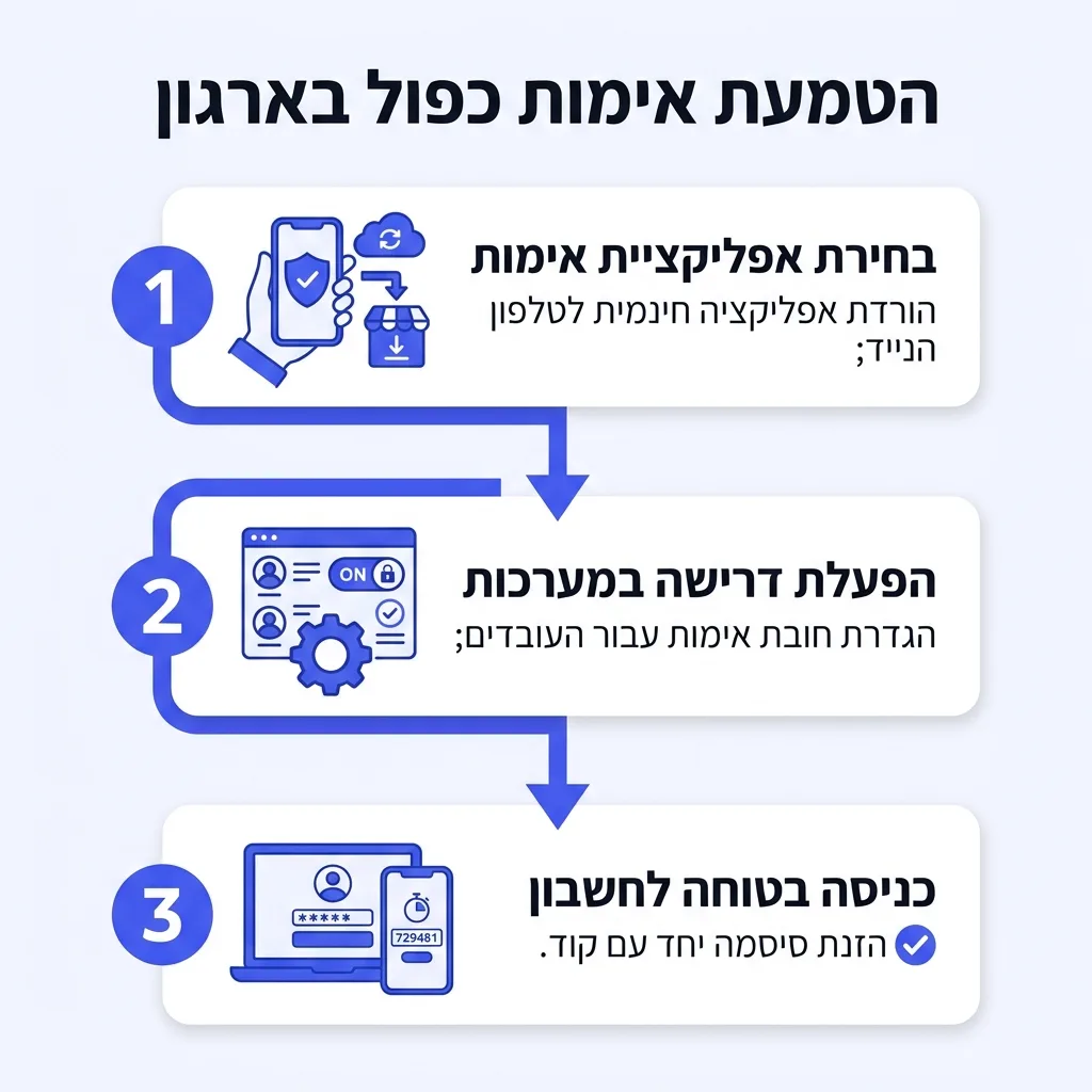 אינפוגרפיקה — הטמעת אימות כפול בארגון: בחירת אפליקציית אימות, הפעלת דרישה במערכות, כניסה בטוחה לחשבון