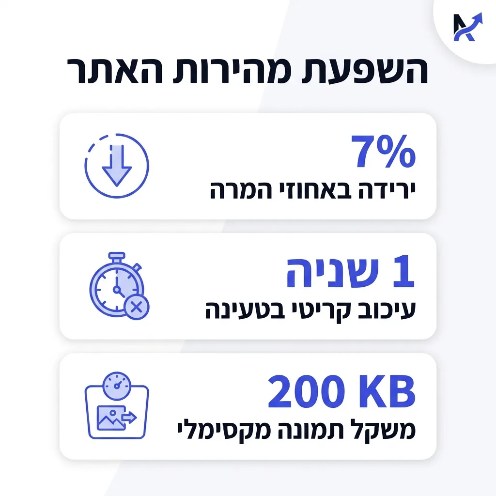 אינפוגרפיקה — השפעת מהירות האתר: ירידה באחוזי המרה, עיכוב קריטי בטעינה, משקל תמונה מקסימלי