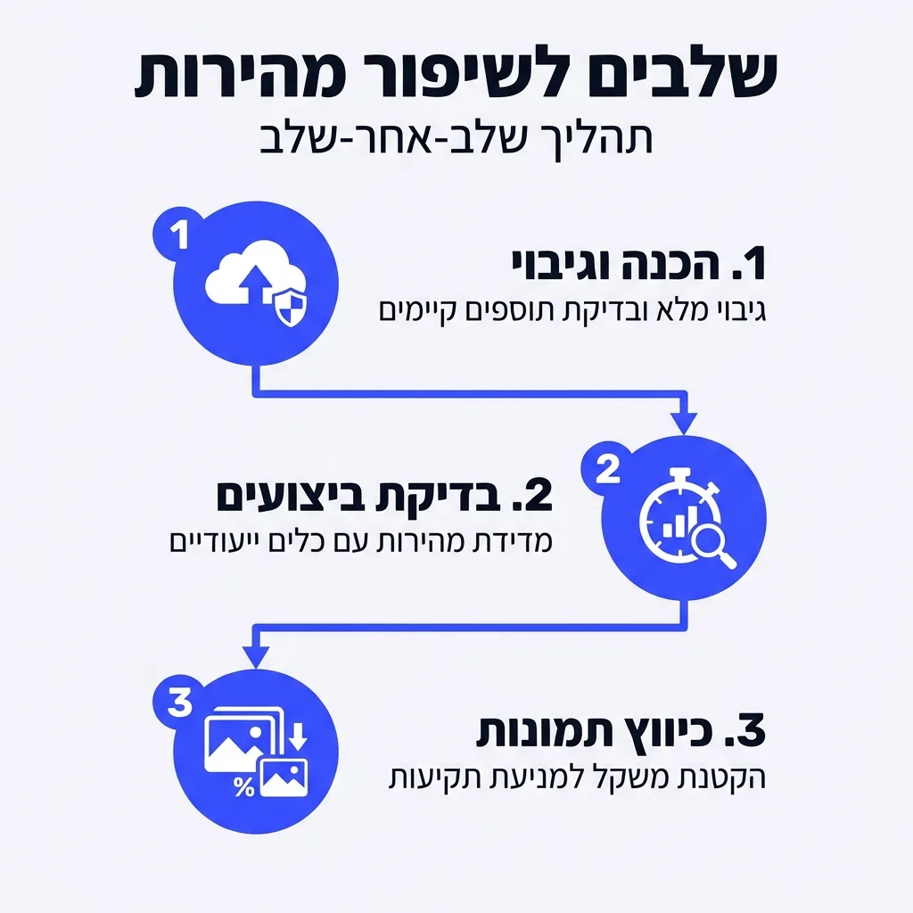 אינפוגרפיקה — שלבים לשיפור מהירות: הכנה וגיבוי, בדיקת ביצועים, כיווץ תמונות