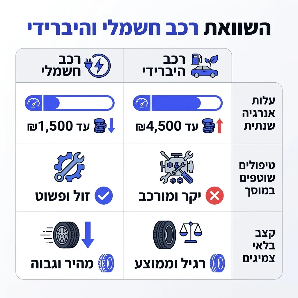 אינפוגרפיקה — השוואת רכב חשמלי והיברידי: השוואה בין רכב חשמלי, רכב היברידי