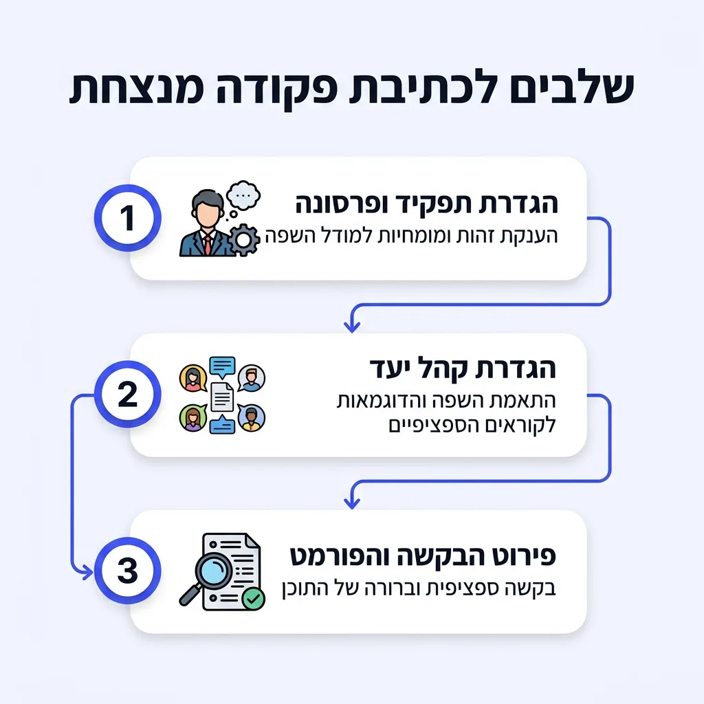 אינפוגרפיקה — שלבים לכתיבת פקודה מנצחת: הגדרת תפקיד ופרסונה, הגדרת קהל יעד, פירוט הבקשה והפורמט