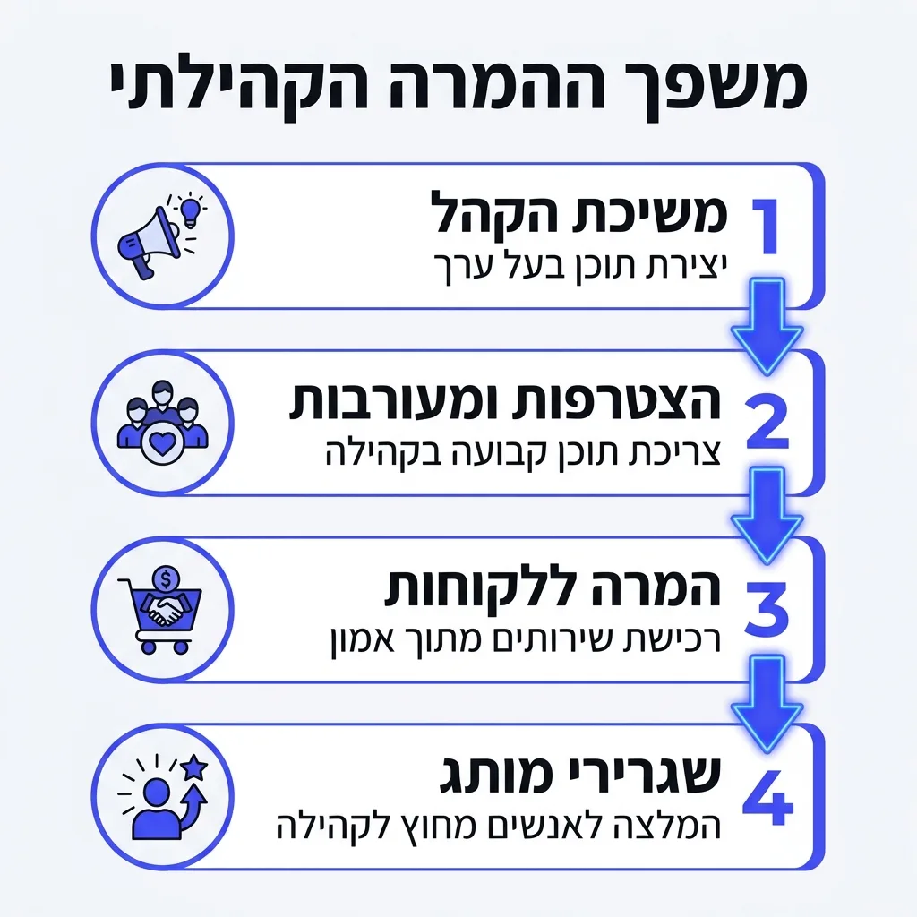 אינפוגרפיקה — משפך ההמרה הקהילתי: משיכת הקהל, הצטרפות ומעורבות, המרה ללקוחות, שגרירי מותג