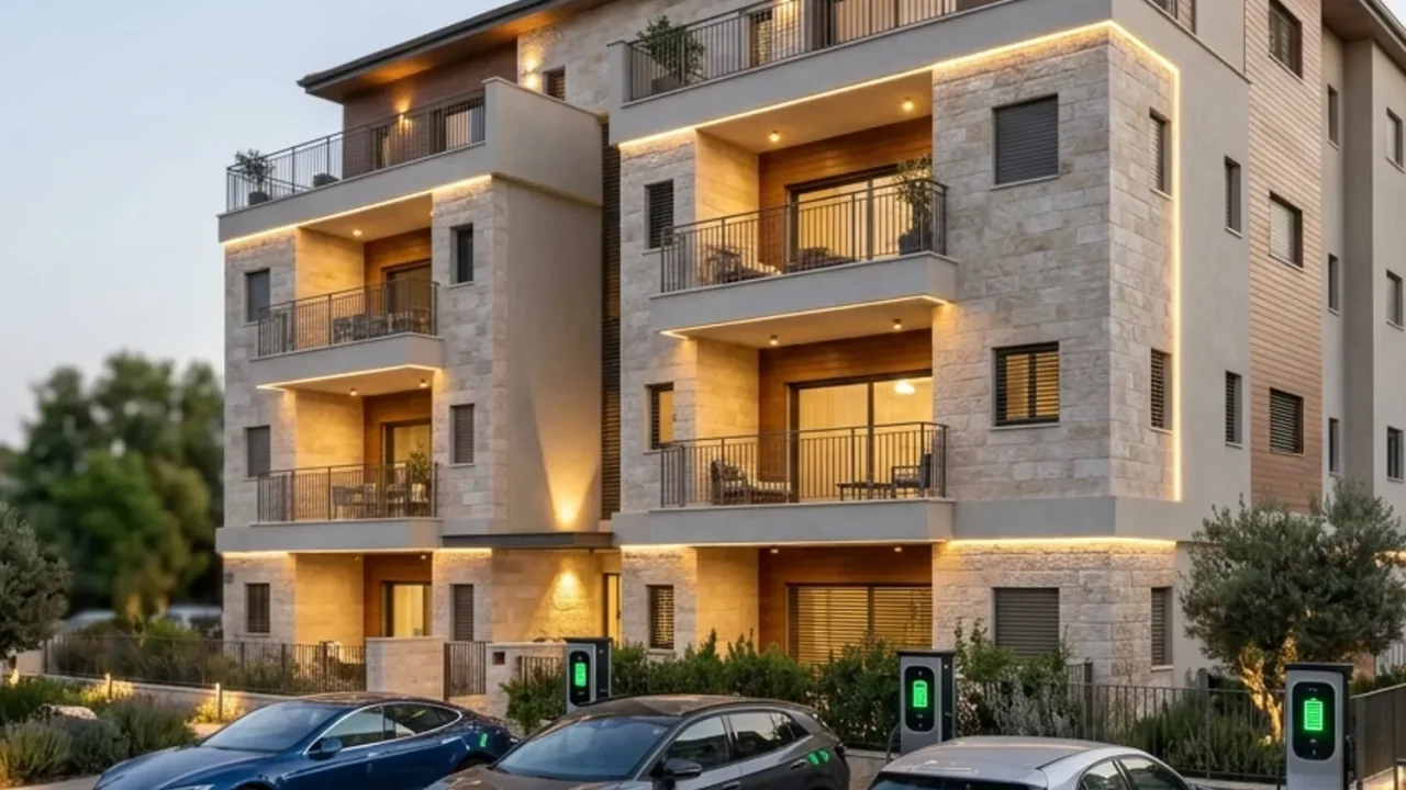 בניין מגורים משותף המואר בתאורה חכמה כשמספר מכוניות נטענות בחניה עם מדדי סוללה ירוקים.