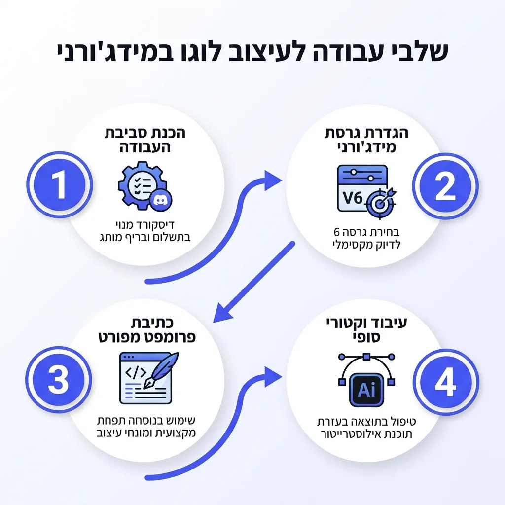 אינפוגרפיקה — שלבי עבודה לעיצוב לוגו במידג'ורני: הכנת סביבת העבודה, הגדרת גרסת מידג'ורני, כתיבת פרומפט מפורט, עיבוד וקטורי סו