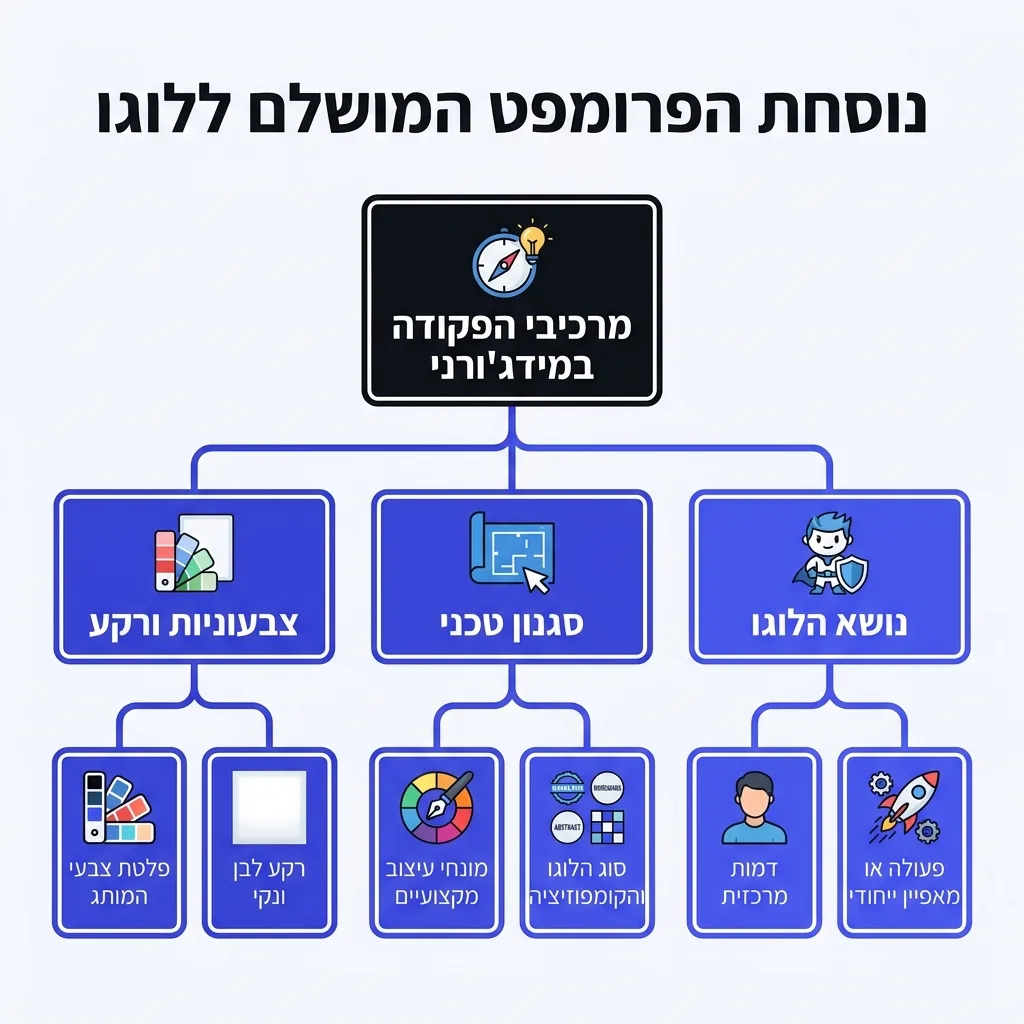 אינפוגרפיקה — נוסחת הפרומפט המושלם ללוגו: מרכיבי הפקודה במידג'ורני