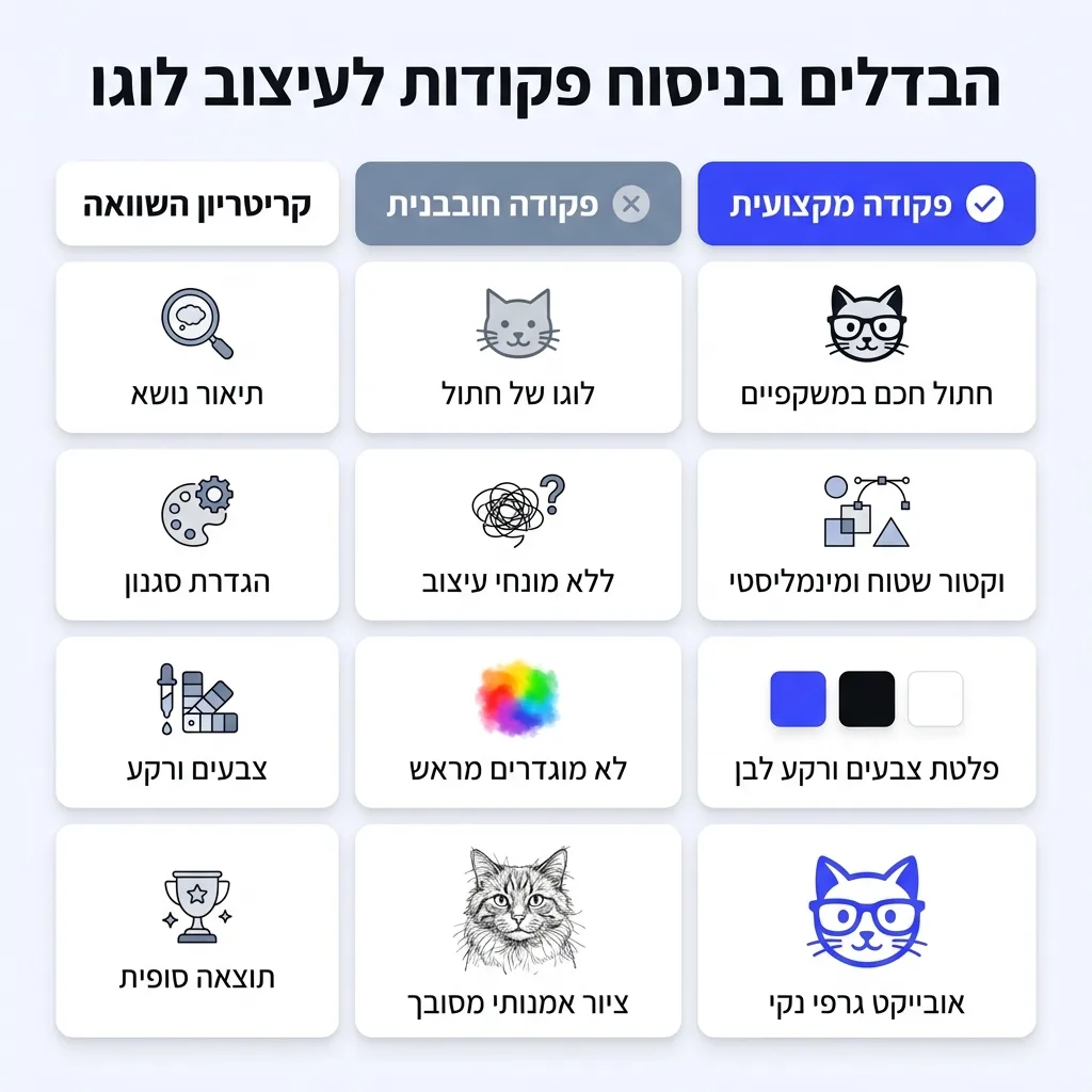 אינפוגרפיקה — הבדלים בניסוח פקודות לעיצוב לוגו: השוואה בין פקודה חובבנית, פקודה מקצועית