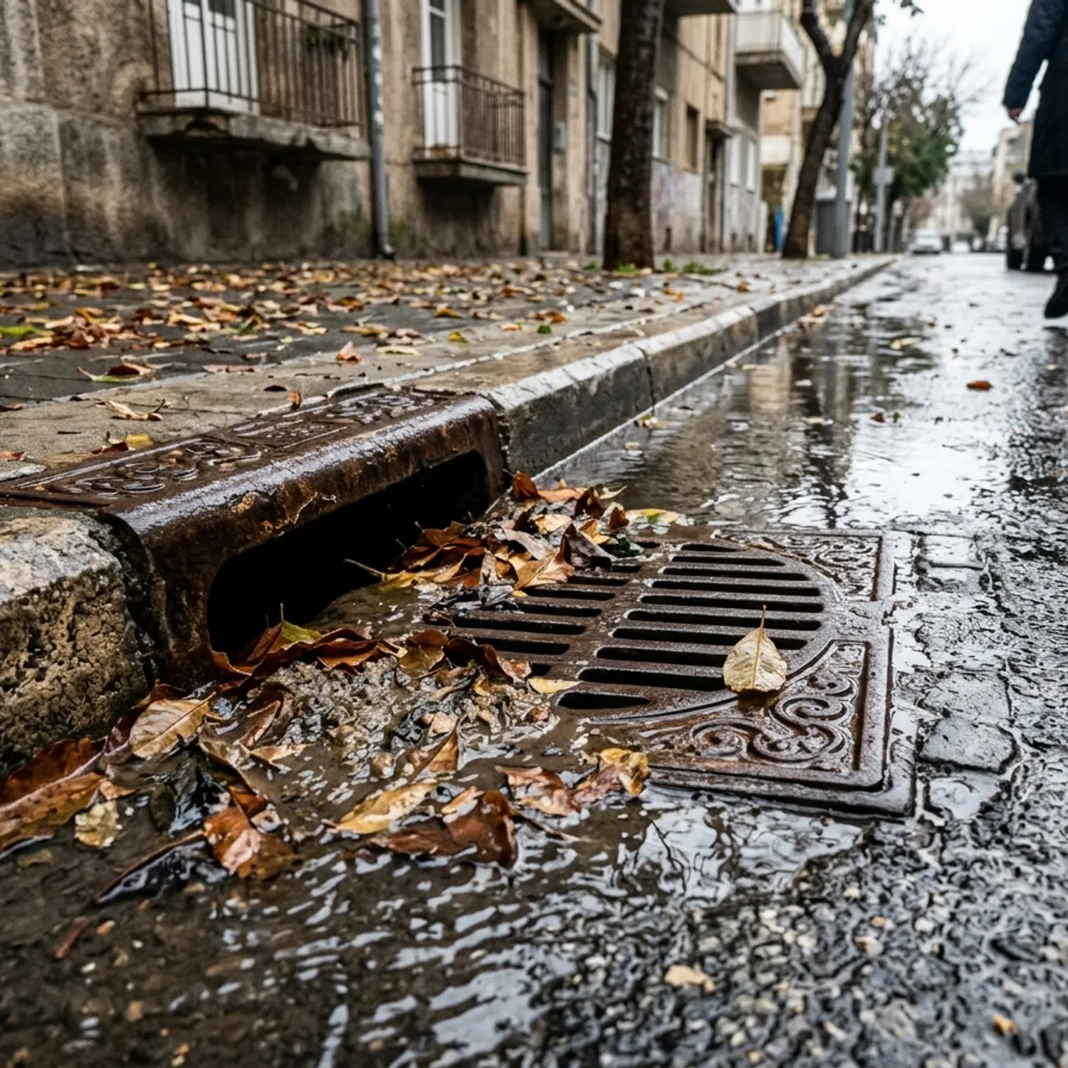 צילום ריאליסטי של רחוב רטוב אחרי גשם, עלי שלכת ובוץ זורמים לכיוון פתח ניקוז מברזל על שפת המדרכה, תאורה חורפית מעוננת