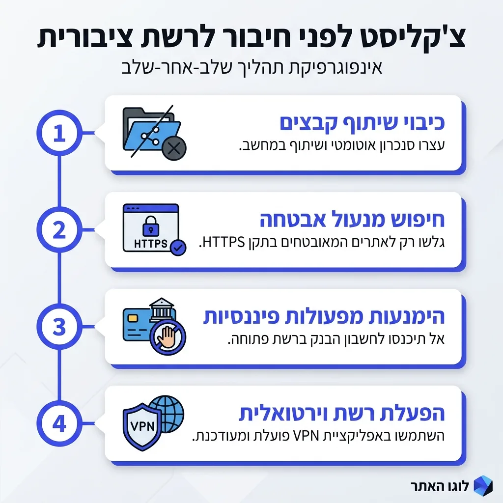 אינפוגרפיקה — צ'קליסט לפני חיבור לרשת ציבורית: כיבוי שיתוף קבצים, חיפוש מנעול אבטחה, הימנעות מפעולות פיננסיות, הפעלת רשת וירט