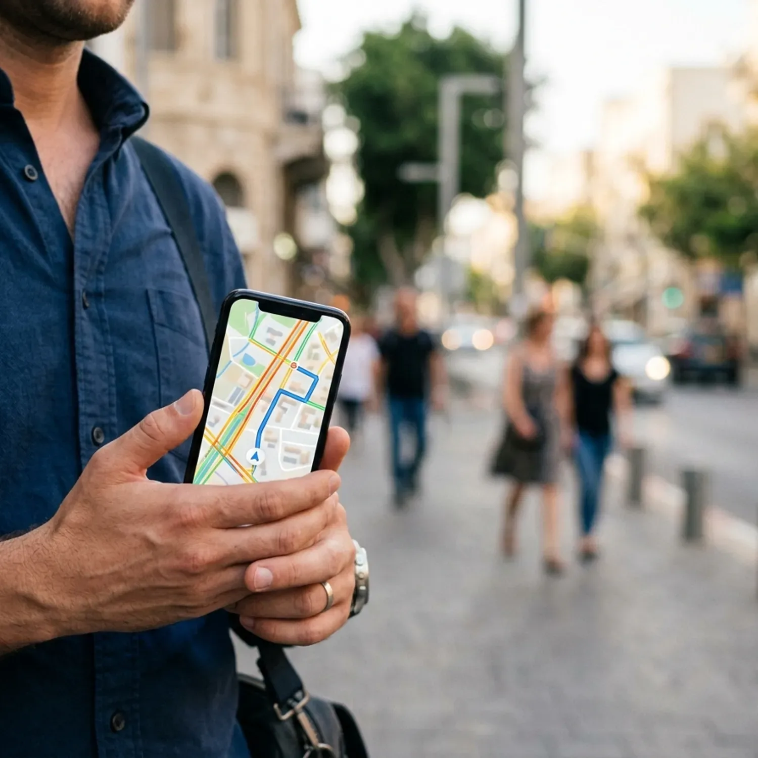צילום של סמארטפון מוחזק ביד של גבר, על המסך מופיעה אפליקציית ניווט מהירה ונטענת חלקה, ברקע רחוב עירוני מטושטש באור יום.