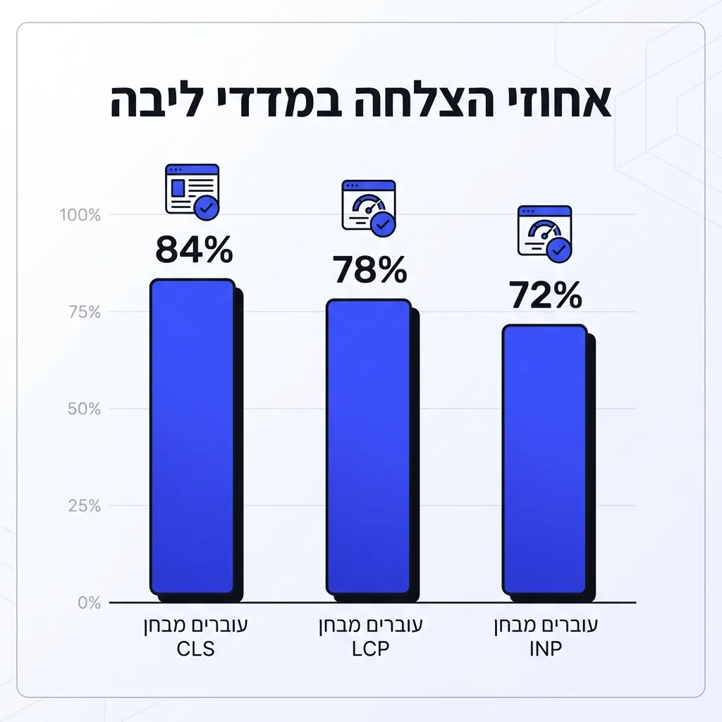 אינפוגרפיקה — אחוזי הצלחה במדדי ליבה: עוברים מבחן INP, עוברים מבחן LCP, עוברים מבחן CLS