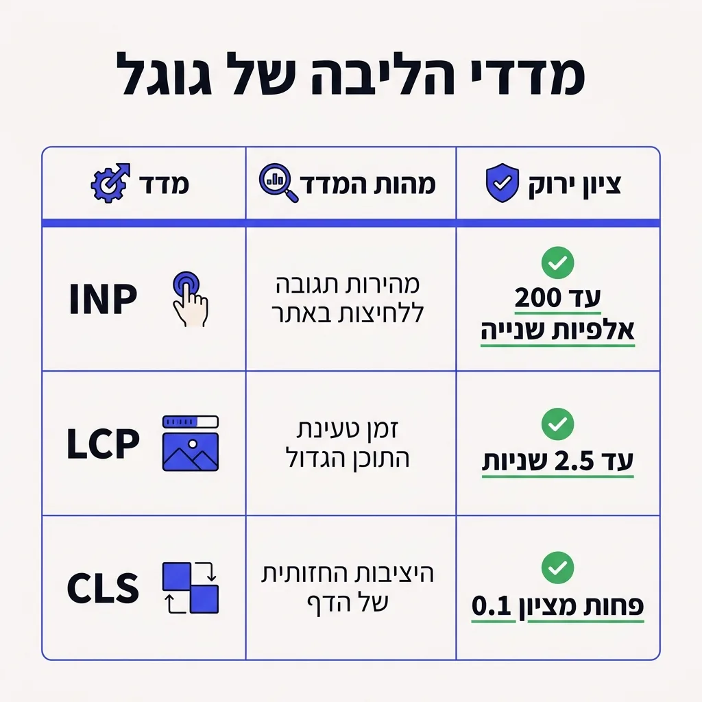 אינפוגרפיקה — מדדי הליבה של גוגל: השוואה בין מהות המדד, ציון ירוק