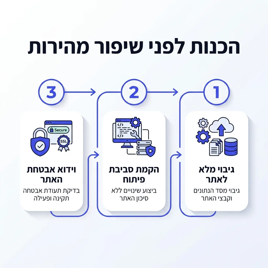 אינפוגרפיקה — הכנות לפני שיפור מהירות: גיבוי מלא לאתר, הקמת סביבת פיתוח, וידוא אבטחת האתר