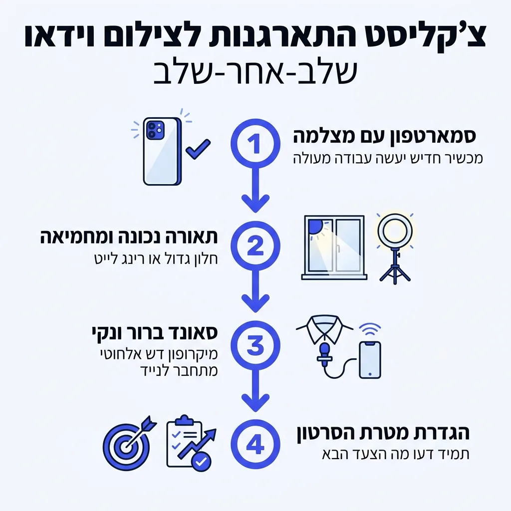 אינפוגרפיקה — צ'קליסט התארגנות לצילום וידאו: סמארטפון עם מצלמה, תאורה נכונה ומחמיאה, סאונד ברור ונקי, הגדרת מטרת הסרטון