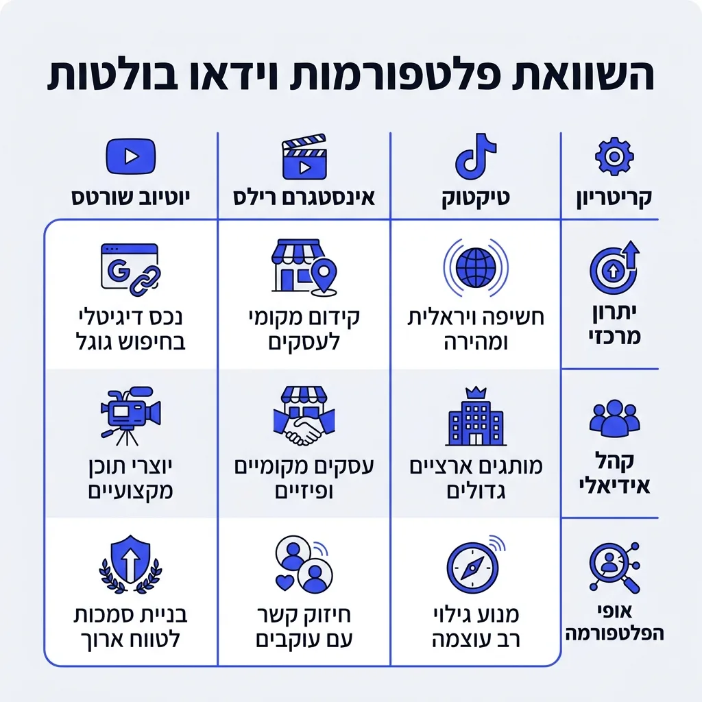 אינפוגרפיקה — השוואת פלטפורמות וידאו בולטות: השוואה בין טיקטוק, אינסטגרם רילס, יוטיוב שורטס