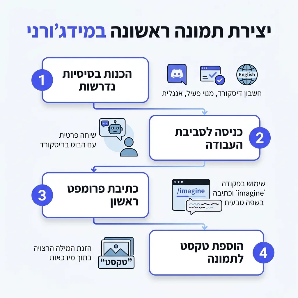 אינפוגרפיקה — יצירת תמונה ראשונה במידג'ורני: הכנות בסיסיות נדרשות, כניסה לסביבת העבודה, כתיבת פרומפט ראשון, הוספת טקסט לתמונה