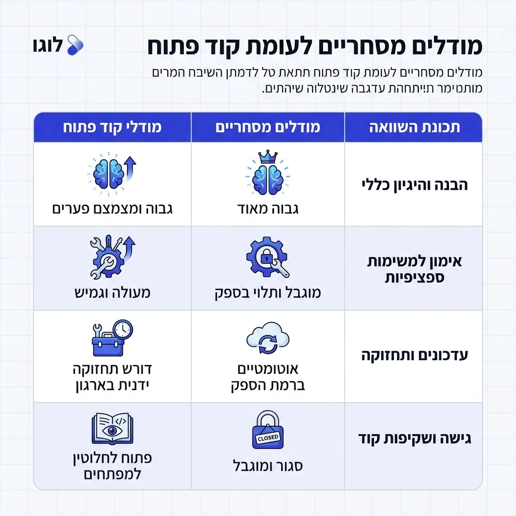 אינפוגרפיקה — מודלים מסחריים לעומת קוד פתוח: השוואה בין מודלים מסחריים, מודלי קוד פתוח