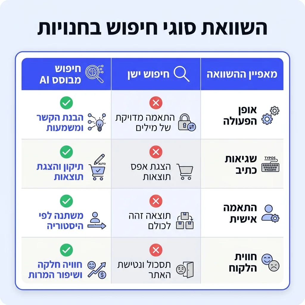אינפוגרפיקה — השוואת סוגי חיפוש בחנויות: השוואה בין חיפוש ישן, חיפוש מבוסס AI