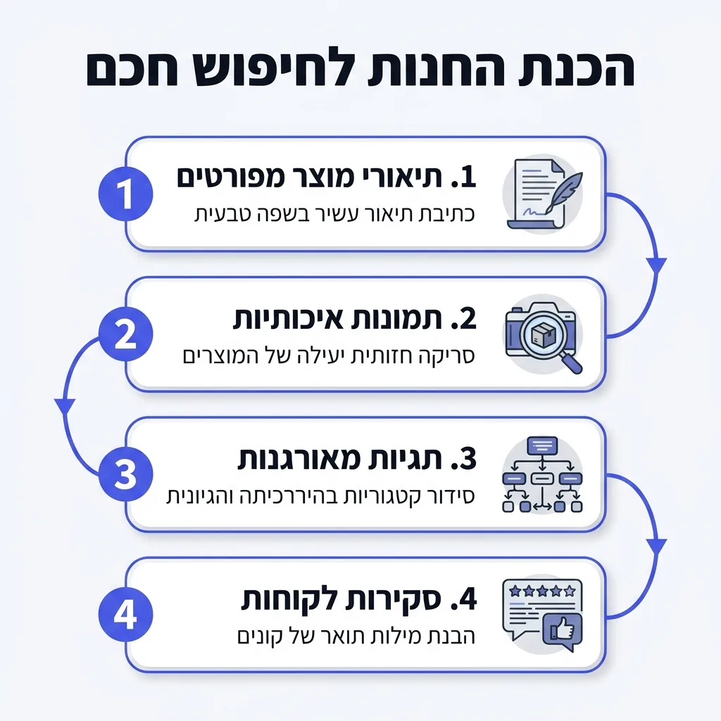 אינפוגרפיקה — הכנת החנות לחיפוש חכם: תיאורי מוצר מפורטים, תמונות איכותיות, תגיות מאורגנות, סקירות לקוחות
