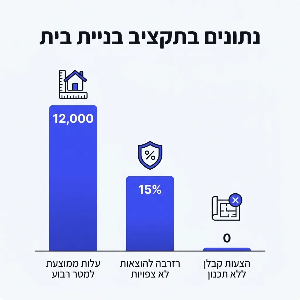 אינפוגרפיקה — נתונים בתקציב בניית בית: עלות ממוצעת למטר רבוע, רזרבה להוצאות לא צפויות, הצעות קבלן ללא תכנון