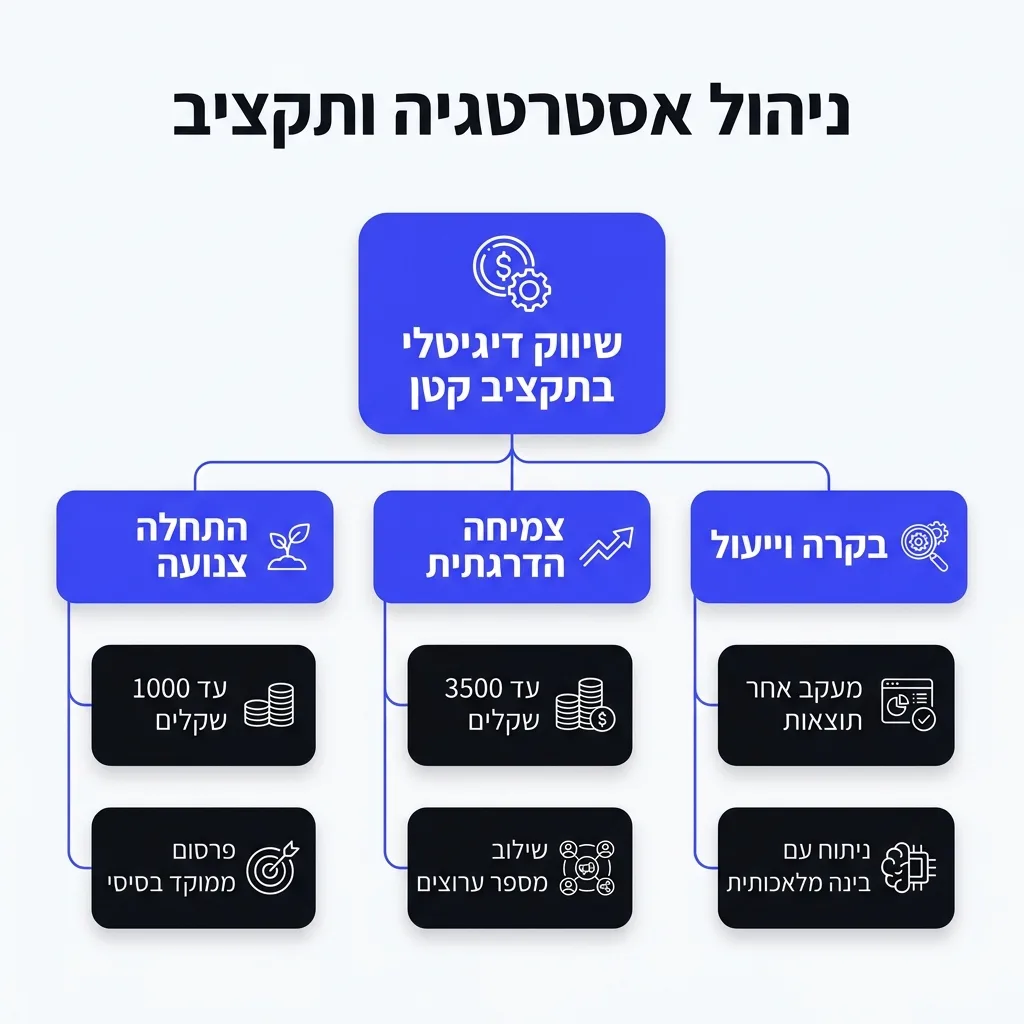 אינפוגרפיקה — ניהול אסטרטגיה ותקציב: שיווק דיגיטלי בתקציב קטן